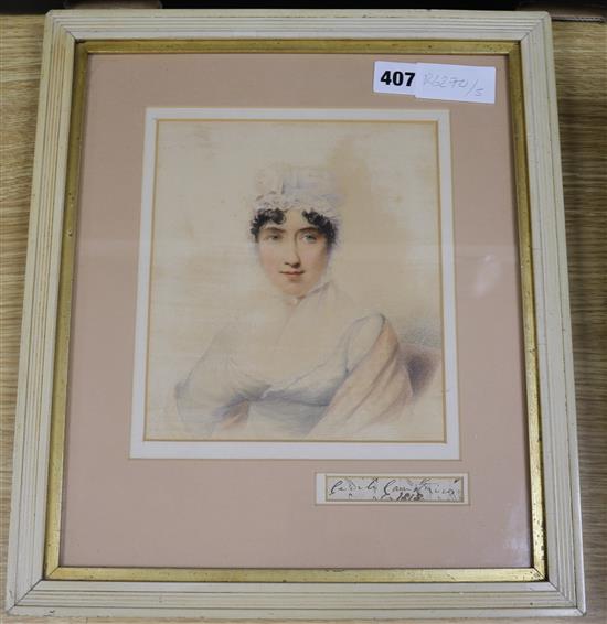 Early 19th century English School, pencil and watercolour, portrait of a young lady, indistinctly inscribed and dated 1818, 20 x 17cm